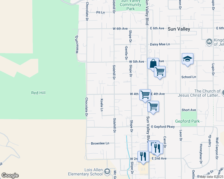 map of restaurants, bars, coffee shops, grocery stores, and more near 305 West 4th Avenue in Sun Valley