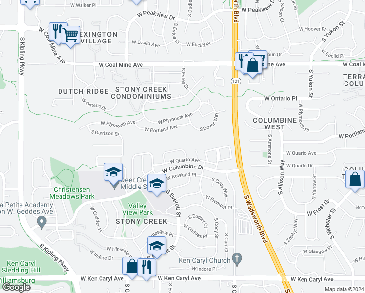 map of restaurants, bars, coffee shops, grocery stores, and more near 8781 West Quarto Circle in Littleton