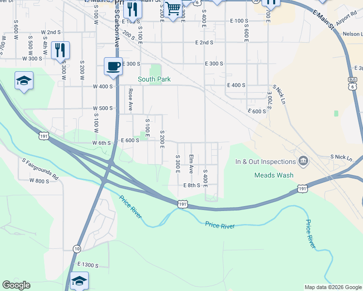 map of restaurants, bars, coffee shops, grocery stores, and more near 610 Elm Street in Price
