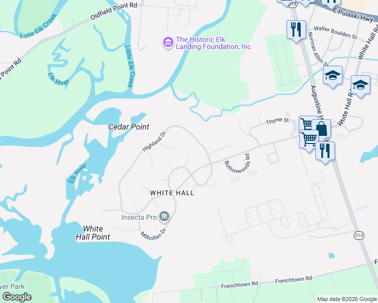 map of restaurants, bars, coffee shops, grocery stores, and more near 10 Lansdown Court in Elkton
