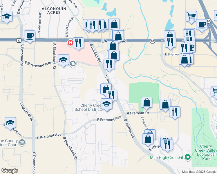map of restaurants, bars, coffee shops, grocery stores, and more near 7009 South Jordan Road in Centennial