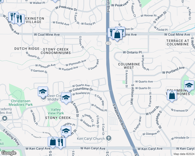 map of restaurants, bars, coffee shops, grocery stores, and more near 8515 West Quarles Place in Littleton