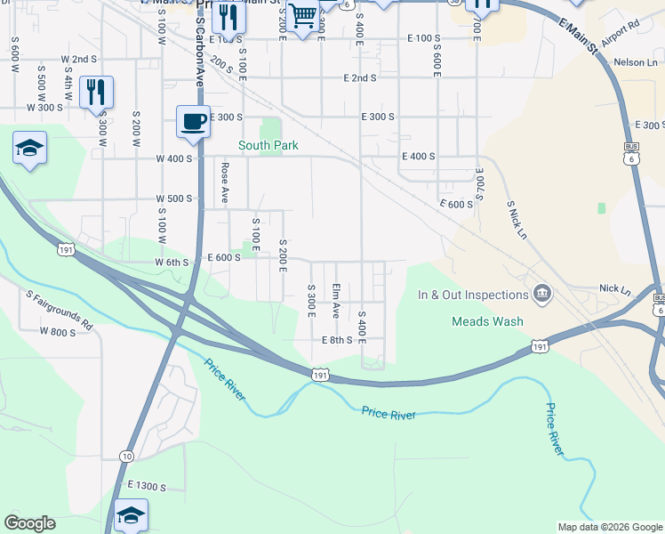 map of restaurants, bars, coffee shops, grocery stores, and more near 610 Elm Street in Price