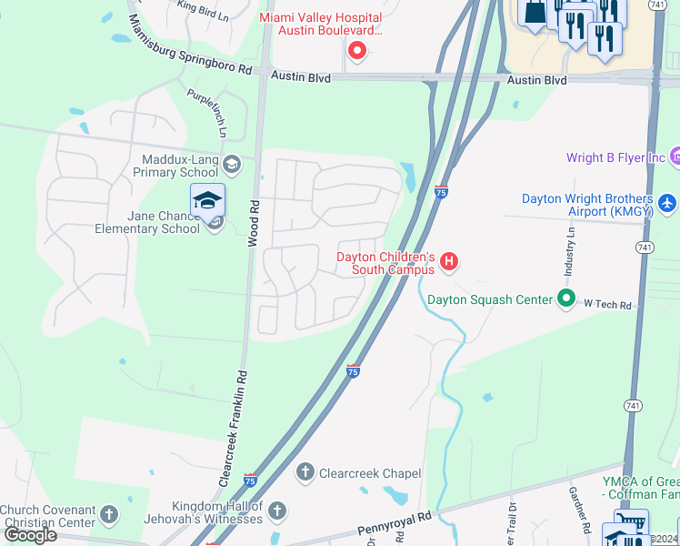 map of restaurants, bars, coffee shops, grocery stores, and more near 11404 Branch Lane in Miamisburg