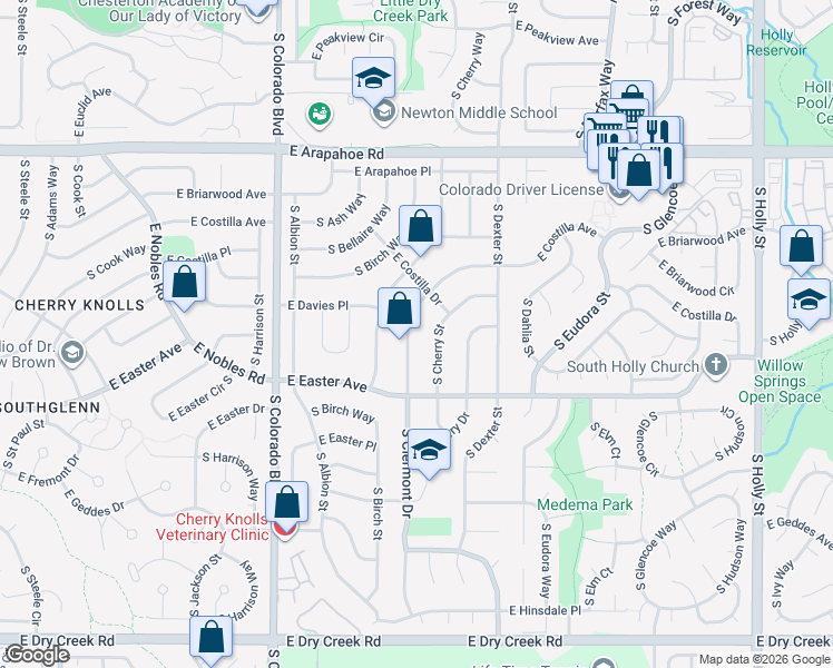 map of restaurants, bars, coffee shops, grocery stores, and more near 7003 South Cherry Street in Centennial