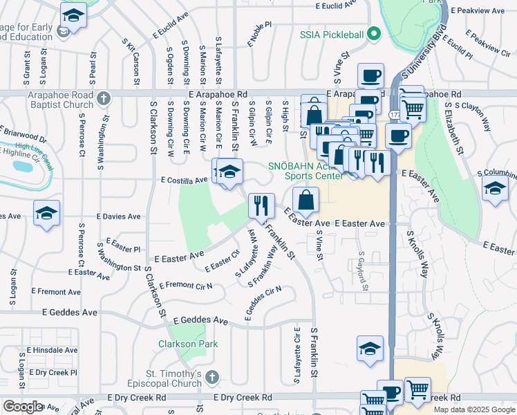 map of restaurants, bars, coffee shops, grocery stores, and more near 6996 South Franklin Street in Centennial