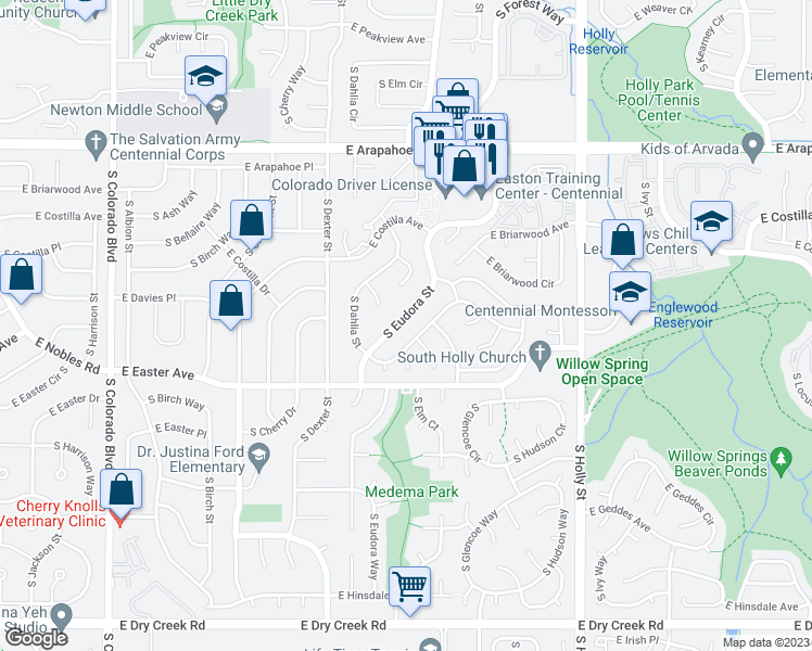 map of restaurants, bars, coffee shops, grocery stores, and more near 7012 South Eudora Street in Centennial