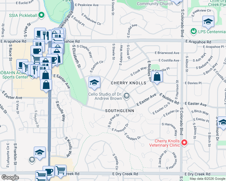 map of restaurants, bars, coffee shops, grocery stores, and more near 6972 South Adams Way in Centennial