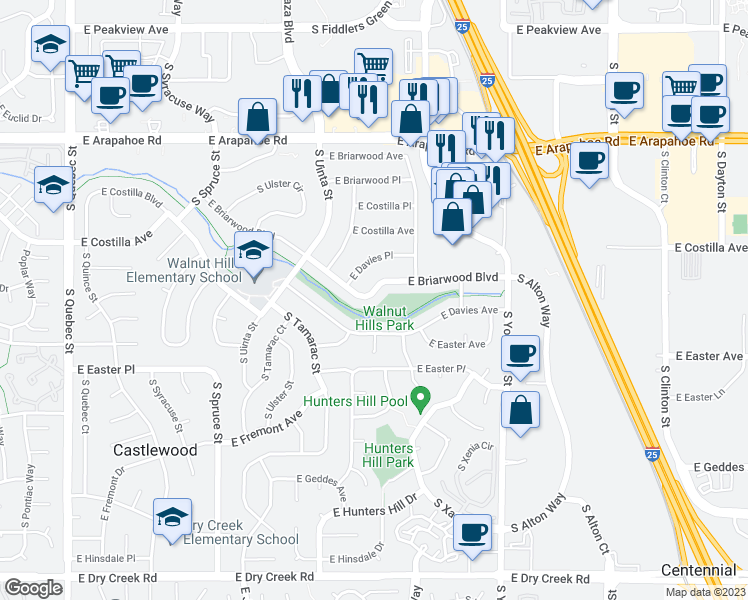 map of restaurants, bars, coffee shops, grocery stores, and more near 8402 East Briarwood Boulevard in Centennial