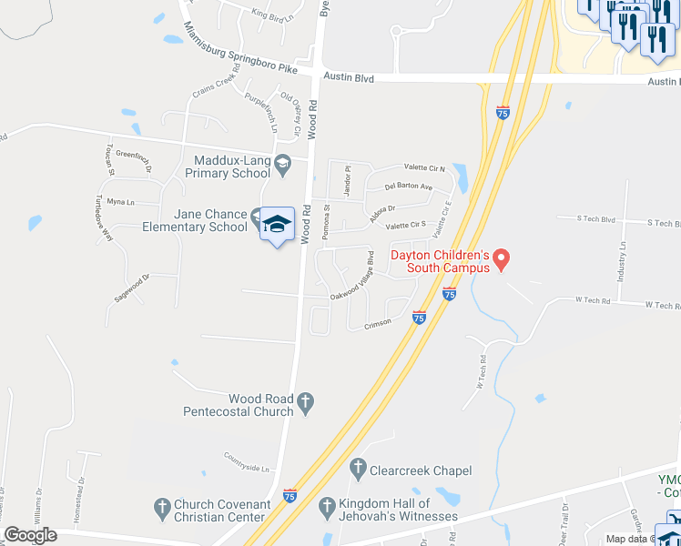 map of restaurants, bars, coffee shops, grocery stores, and more near Sapling Drive in Miamisburg