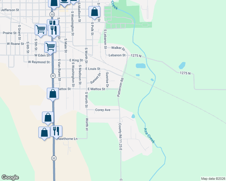 map of restaurants, bars, coffee shops, grocery stores, and more near 624 East Mattox Street in Sullivan