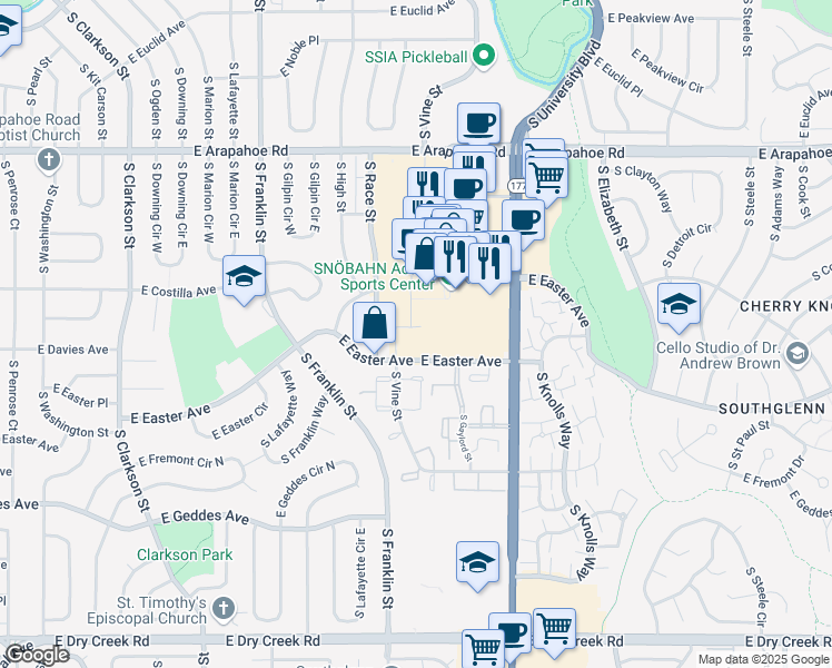 map of restaurants, bars, coffee shops, grocery stores, and more near 7001 South University Boulevard in Littleton