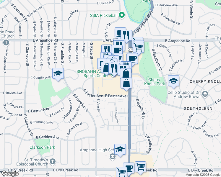 map of restaurants, bars, coffee shops, grocery stores, and more near 7001 South University Boulevard in Littleton