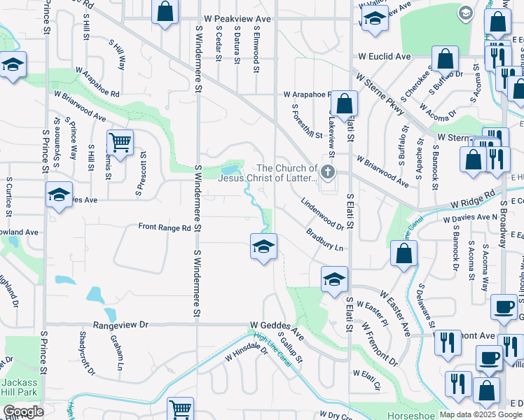 map of restaurants, bars, coffee shops, grocery stores, and more near in Littleton
