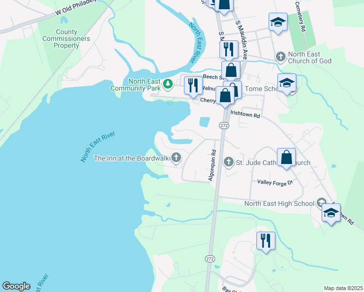 map of restaurants, bars, coffee shops, grocery stores, and more near 19 Shawnee Drive in North East