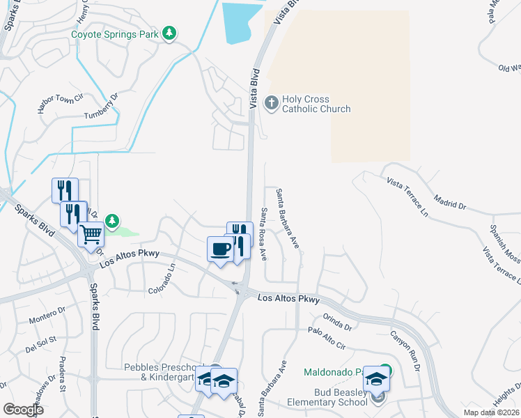 map of restaurants, bars, coffee shops, grocery stores, and more near 5416 Santa Rosa Avenue in Sparks
