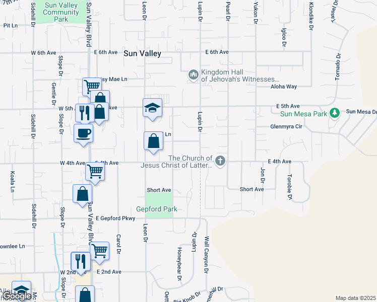 map of restaurants, bars, coffee shops, grocery stores, and more near 455 East 4th Avenue in Sun Valley