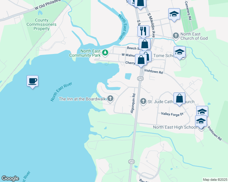 map of restaurants, bars, coffee shops, grocery stores, and more near 19 Shawnee Drive in North East