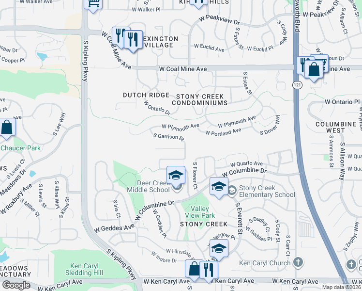 map of restaurants, bars, coffee shops, grocery stores, and more near 9256 West Quarles Place in Littleton