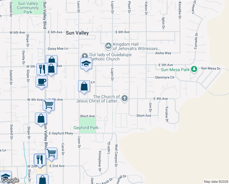 map of restaurants, bars, coffee shops, grocery stores, and more near 525 East 4th Avenue in Sun Valley