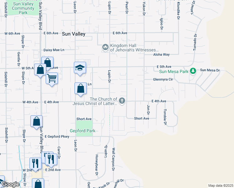 map of restaurants, bars, coffee shops, grocery stores, and more near 5428 Lupin Drive in Sun Valley