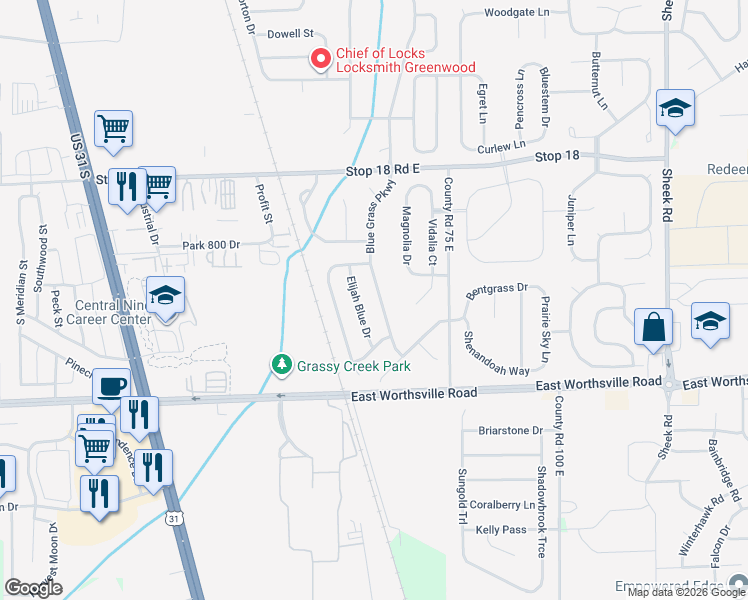 map of restaurants, bars, coffee shops, grocery stores, and more near 1738 Blue Grass Parkway in Greenwood
