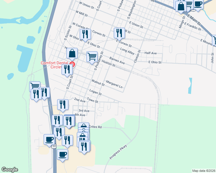 map of restaurants, bars, coffee shops, grocery stores, and more near 327 Walnut Street in Circleville