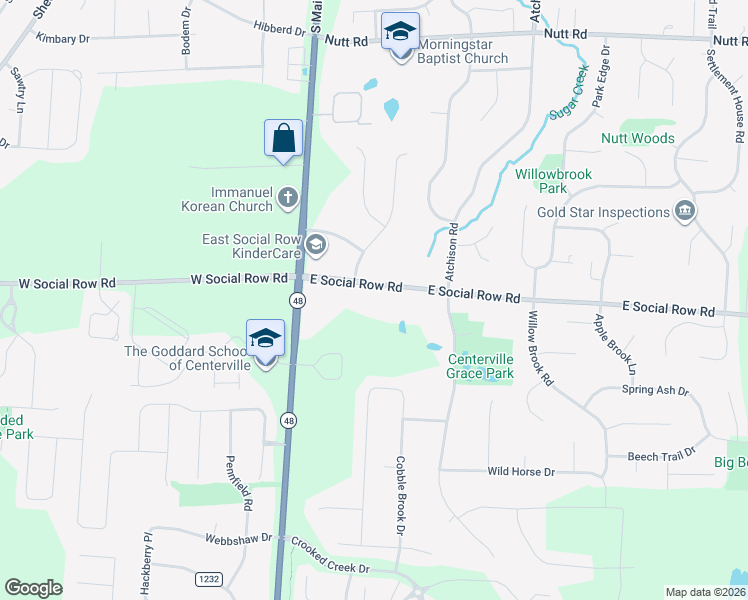 map of restaurants, bars, coffee shops, grocery stores, and more near 206 East Social Row Road in Dayton
