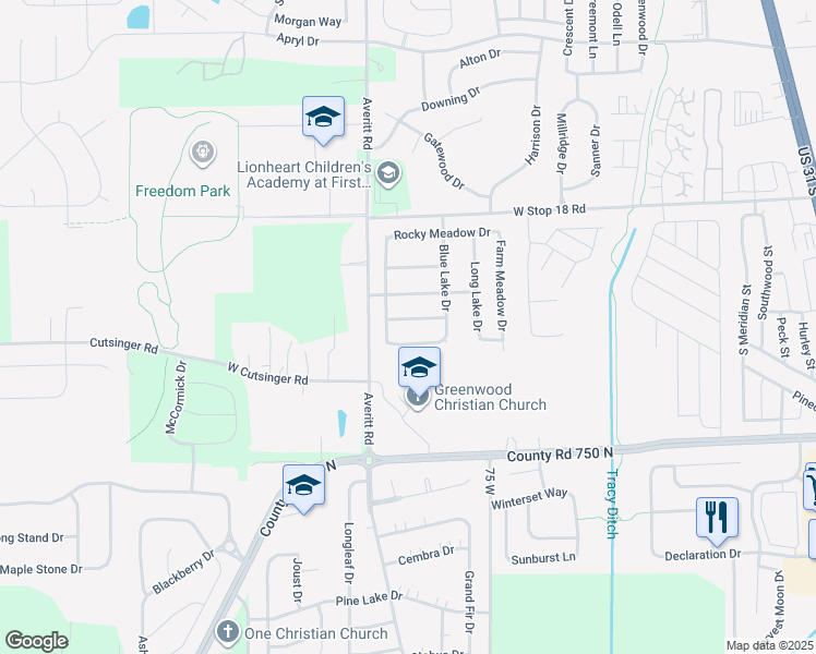 map of restaurants, bars, coffee shops, grocery stores, and more near 663 Day Break Drive in Greenwood