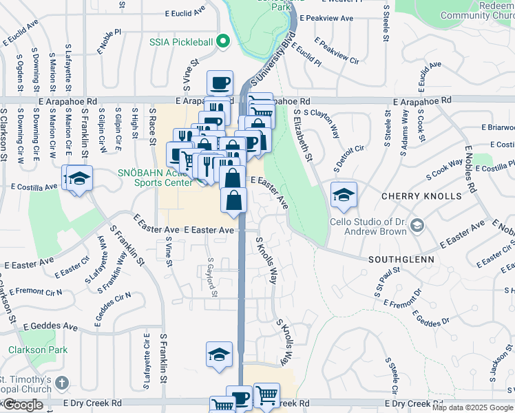 map of restaurants, bars, coffee shops, grocery stores, and more near 7008 South Knolls Way in Centennial