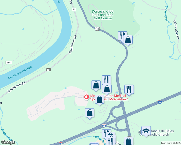 map of restaurants, bars, coffee shops, grocery stores, and more near in Morgantown