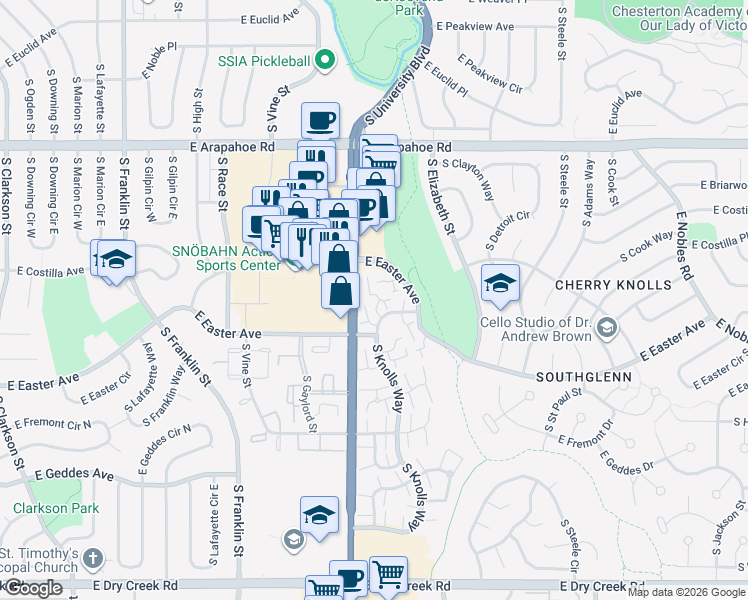 map of restaurants, bars, coffee shops, grocery stores, and more near 7008 South Knolls Way in Centennial