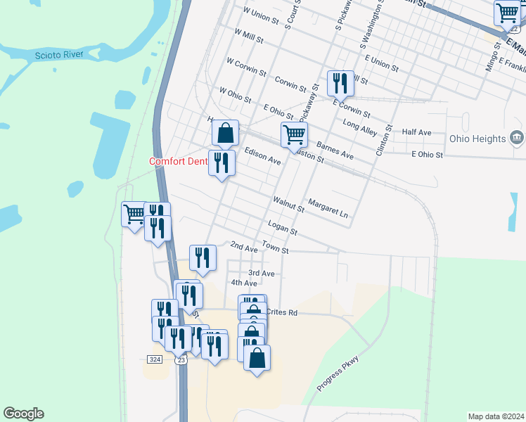 map of restaurants, bars, coffee shops, grocery stores, and more near 1111 South Pickaway Street in Circleville
