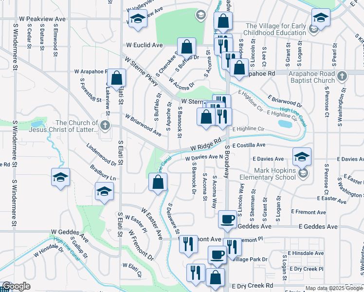 map of restaurants, bars, coffee shops, grocery stores, and more near 6980 South Bannock Street in Littleton