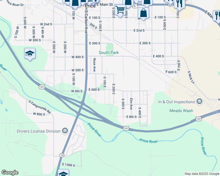 map of restaurants, bars, coffee shops, grocery stores, and more near 165 East 600 South in Price