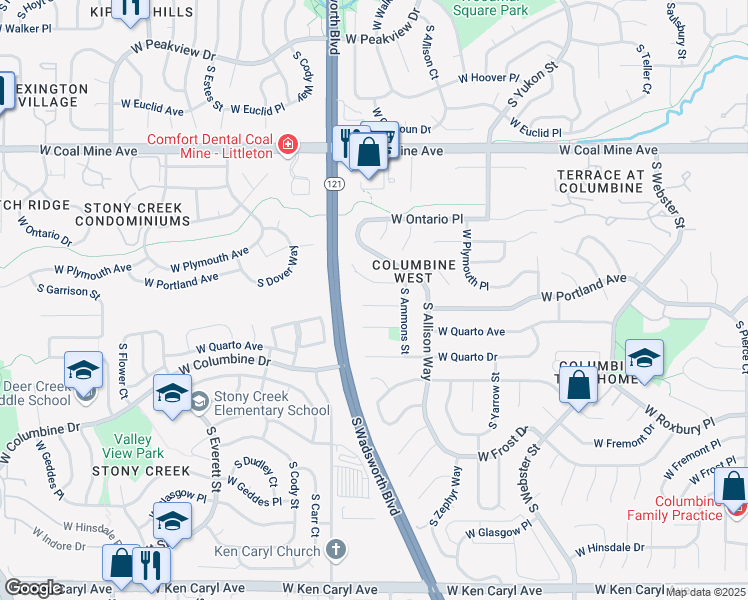 map of restaurants, bars, coffee shops, grocery stores, and more near 8263 West Quarto Avenue in Littleton