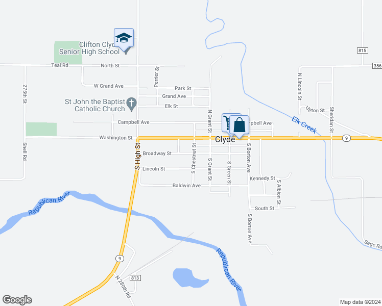 map of restaurants, bars, coffee shops, grocery stores, and more near 601-699 Lincoln Street in Clyde
