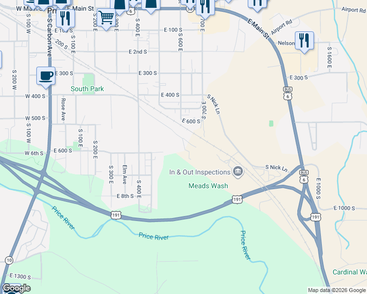 map of restaurants, bars, coffee shops, grocery stores, and more near 709 East 450 South in Price