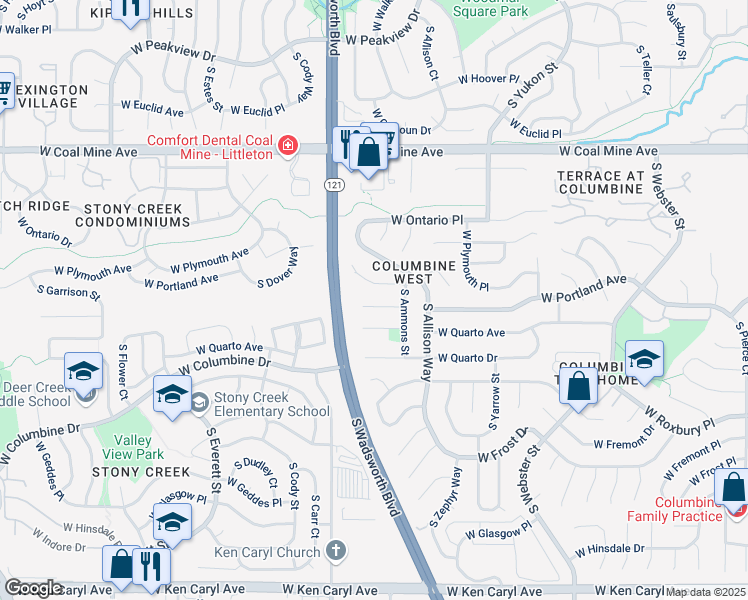 map of restaurants, bars, coffee shops, grocery stores, and more near 8263 West Quarto Avenue in Littleton