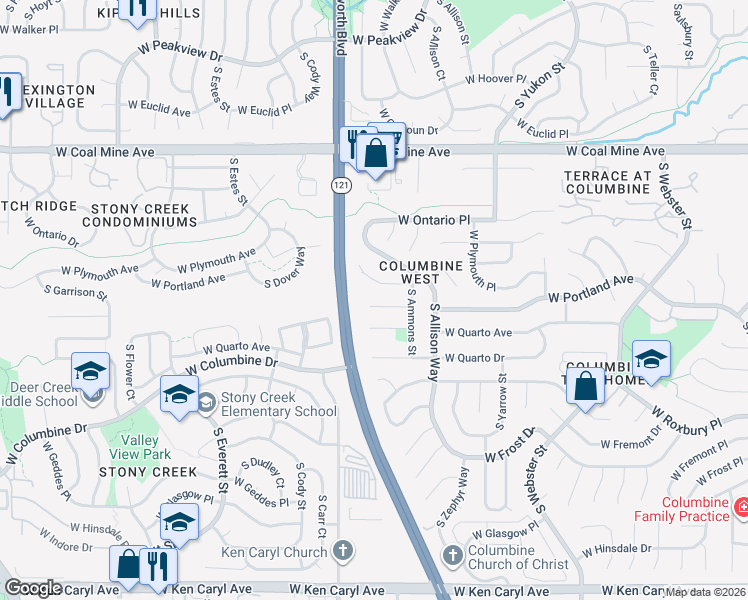 map of restaurants, bars, coffee shops, grocery stores, and more near 8294 West Plymouth Place in Littleton