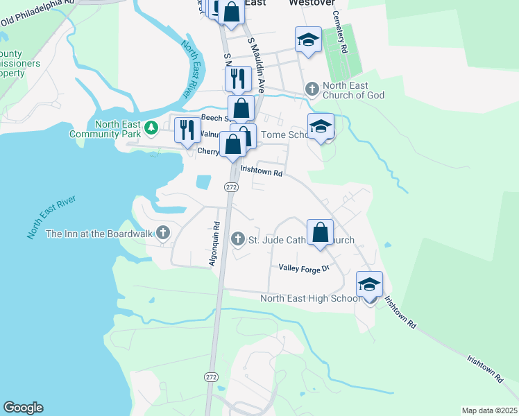 map of restaurants, bars, coffee shops, grocery stores, and more near 14 Bertram Court in North East