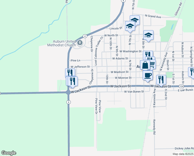 map of restaurants, bars, coffee shops, grocery stores, and more near 201 South 11th Street in Auburn