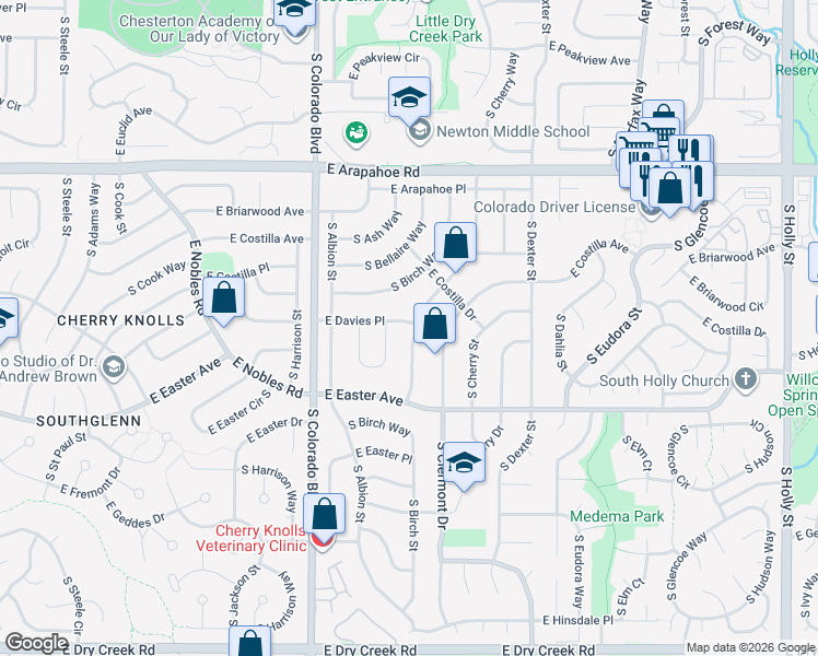 map of restaurants, bars, coffee shops, grocery stores, and more near 6820 South Clermont Street in Centennial