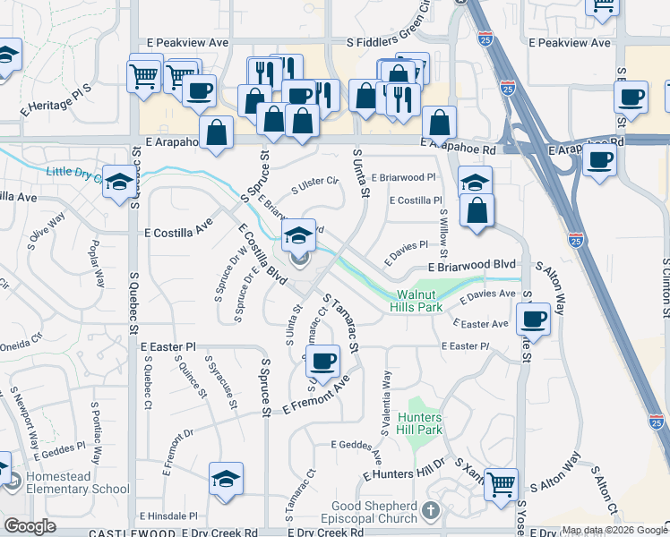 map of restaurants, bars, coffee shops, grocery stores, and more near 7050 South Uinta Street in Centennial