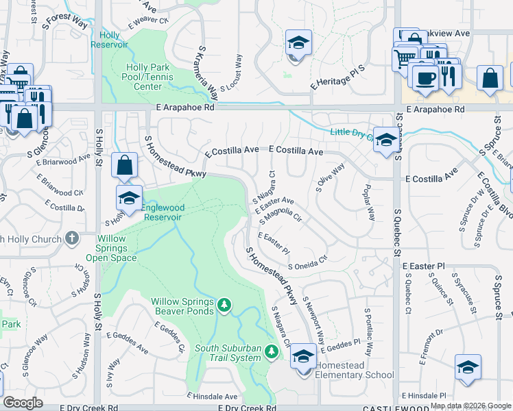 map of restaurants, bars, coffee shops, grocery stores, and more near 6574 East Costilla Place in Centennial