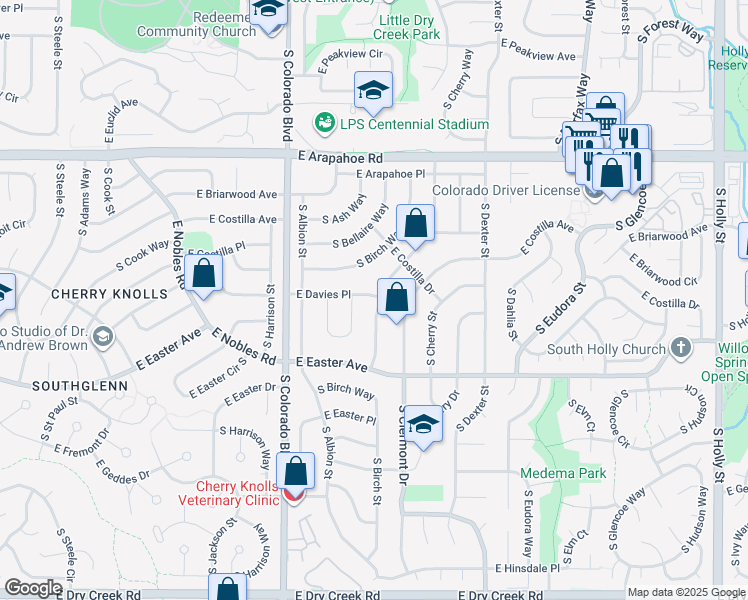 map of restaurants, bars, coffee shops, grocery stores, and more near 6820 South Clermont Street in Centennial