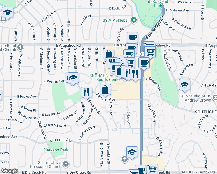 map of restaurants, bars, coffee shops, grocery stores, and more near in Centennial