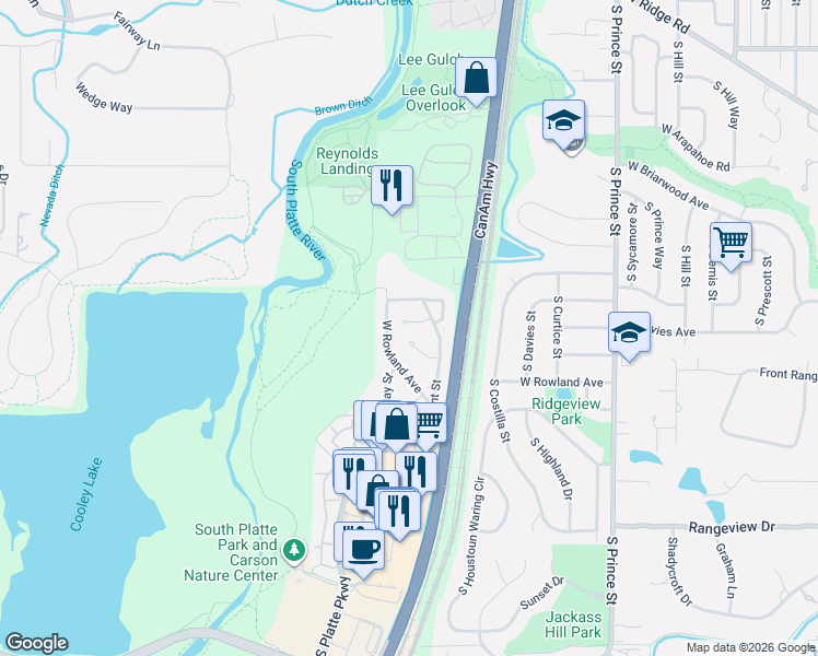 map of restaurants, bars, coffee shops, grocery stores, and more near 6911 South Bryant Street in Littleton