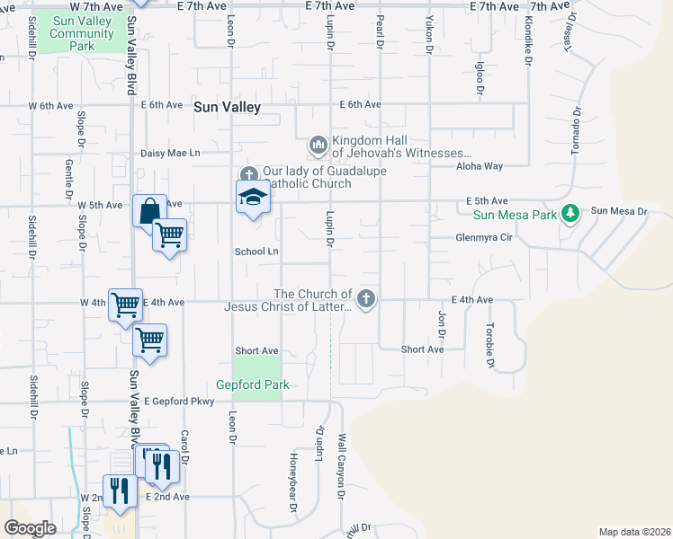 map of restaurants, bars, coffee shops, grocery stores, and more near 5464 Lupin Drive in Sun Valley