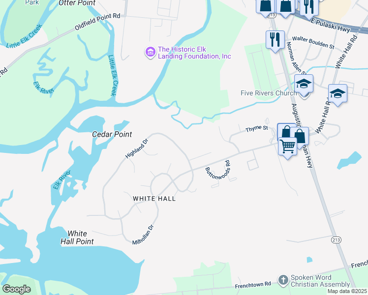 map of restaurants, bars, coffee shops, grocery stores, and more near 208 Highland Drive in Elkton